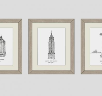 建筑大楼三联挂画SU模型下载_sketchup草图大师SKP模型