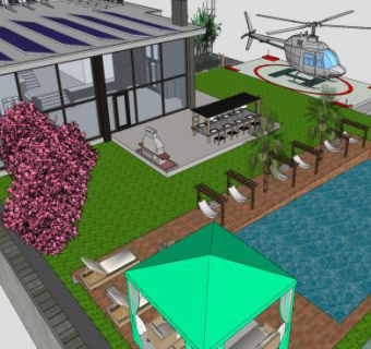 直升机豪华房子建筑SU模型下载_sketchup草图大师SKP模型