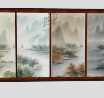 中国山水画四联挂画SU模型下载_sketchup草图大师SKP模型