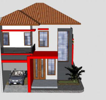 现代双层红色房子建筑SU模型下载_sketchup草图大师SKP模型