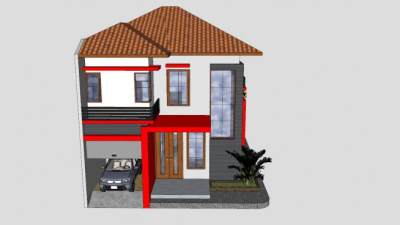 现代双层红色房子建筑SU模型下载_sketchup草图大师SKP模型