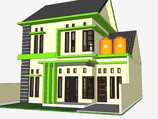 绿色小型房子建筑SU模型下载_sketchup草图大师SKP模型