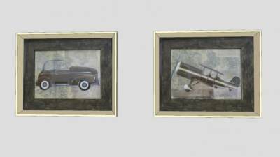 老式汽车飞机双联挂画SU模型下载_sketchup草图大师SKP模型