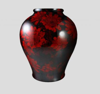 黑色陶瓷红色印花花瓶SU模型下载_sketchup草图大师SKP模型