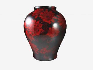 黑色陶瓷红色印花花瓶SU模型下载_sketchup草图大师SKP模型