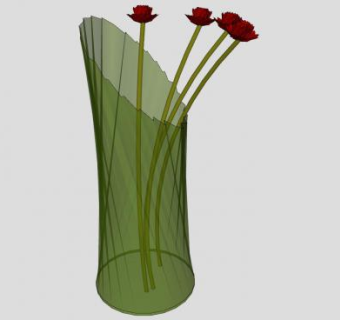 绿色透明玻璃花瓶红色花朵SU模型下载_sketchup草图大师SKP模型