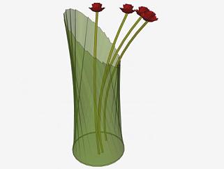 绿色透明玻璃花瓶红色花朵SU模型下载_sketchup草图大师SKP模型