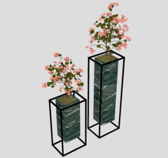 新中式金属黑框架方形陶瓷落地花瓶SU模型下载_sketchup草图大师SKP模型
