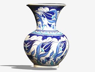蓝色花纹彩釉陶瓷花瓶SU模型下载_sketchup草图大师SKP模型