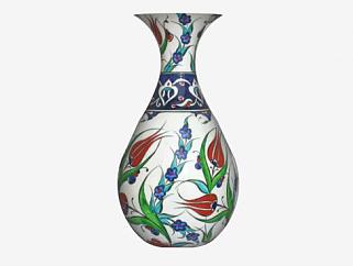 中式彩釉花纹陶瓷花瓶SU模型下载_sketchup草图大师SKP模型