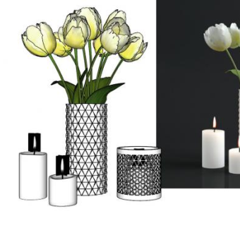 现代花瓶郁金香和蜡烛SU模型下载_sketchup草图大师SKP模型