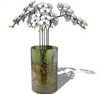 现代圆柱彩色玻璃花瓶和人造兰花SU模型下载_sketchup草图大师SKP模型