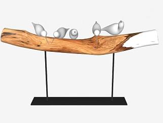 木棍上的小鸟雕塑装饰摆件SU模型下载_sketchup草图大师SKP模型
