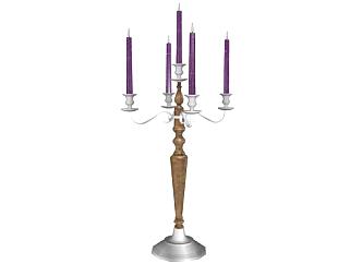 欧式金属实木烛台和紫色蜡烛SU模型下载_sketchup草图大师SKP模型