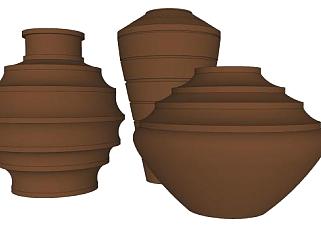 现代造型陶罐器皿三件套SU模型下载_sketchup草图大师SKP模型