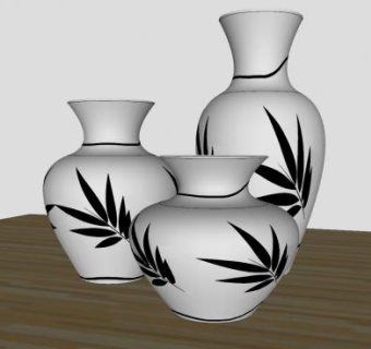 现代印花白色陶瓷花瓶三件套SU模型下载_sketchup草图大师SKP模型
