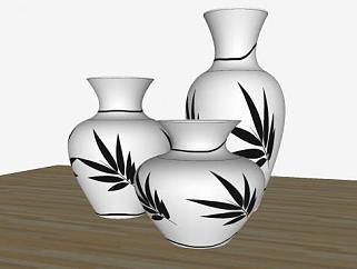 现代印花白色陶瓷花瓶三件套SU模型下载_sketchup草图...