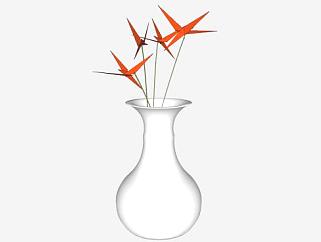 白色陶瓷花瓶和花摆件SU模型下载_sketchup草图大师SKP模型