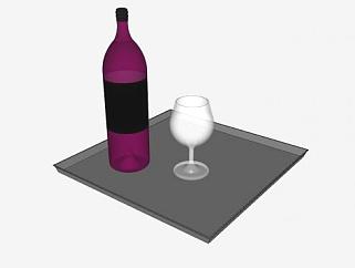 <em>酒杯</em>和紫色酒瓶放在托盘上SU模型下载_sketchup草图...