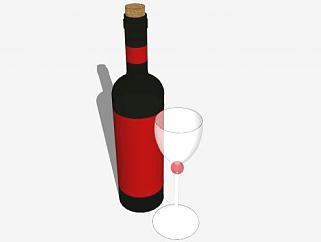 黑色酒瓶红色标签和高脚杯SU模型下载_sketchup草图大师SKP模型