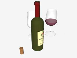 波尔多葡萄酒和酒杯酒水SU模型下载_sketchup草图大师SKP模型