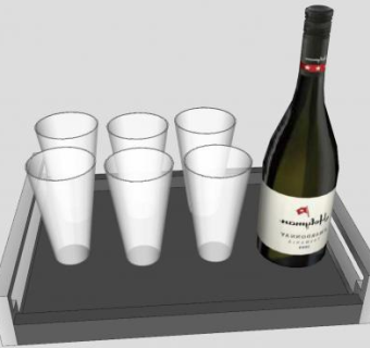 托盘上的葡萄酒酒瓶和6个玻璃杯SU模型下载_sketchup草图大师SKP模型