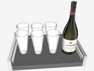 托盘上的葡萄酒酒瓶和6个玻璃杯SU模型下载_sketchup草图大师SKP模型