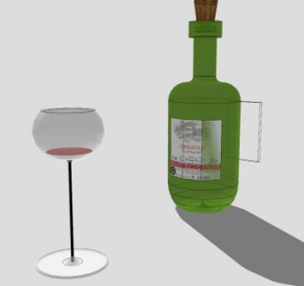 绿色酒瓶标签瓶塞和高脚杯SU模型下载_sketchup草图大师SKP模型