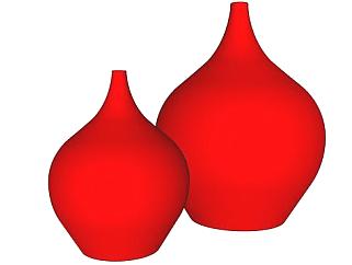 红色陶瓷花瓶装饰两件套SU模型下载_sketchup草图大师SKP模型