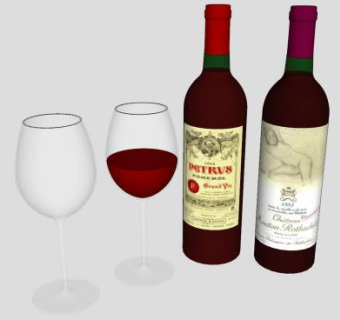 2瓶葡萄酒和2杯酒杯SU模型下载_sketchup草图大师SKP模型