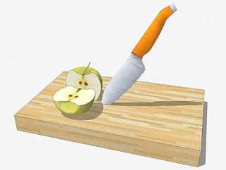 切半苹果和砧板水果刀SU模型下载_sketchup草图大师SKP模型