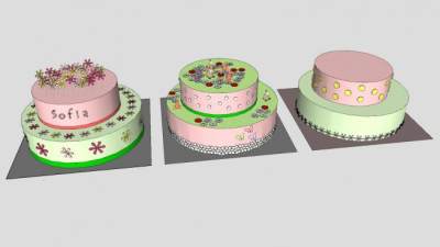 3个双层裱花蛋糕SU模型下载_sketchup草图大师SKP模型