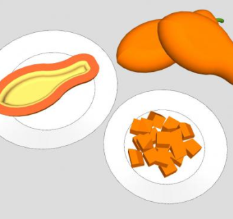 完整和切半切碎的木瓜SU模型下载_sketchup草图大师SKP模型