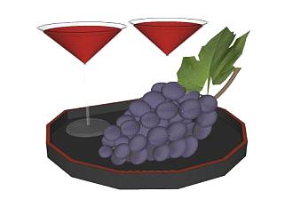 盘子上的葡萄和酒杯酒水SU模型下载_sketchup草图大师SKP模型