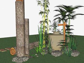 园艺植物木桩户外喷泉SU模型下载_sketchup草图大师SKP模型