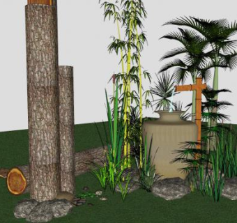 园艺植物木桩户外喷泉SU模型下载_sketchup草图大师SKP模型