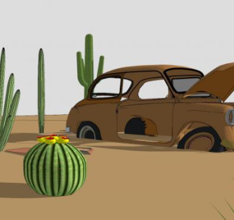 沙漠植物和报废汽车SU模型下载_sketchup草图大师SKP模型