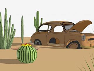 沙漠植物和报废汽车SU模型下载_sketchup草图大师SKP模型