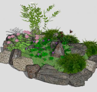 花园布置石景开花灌木植物SU模型下载_sketchup草图大师SKP模型