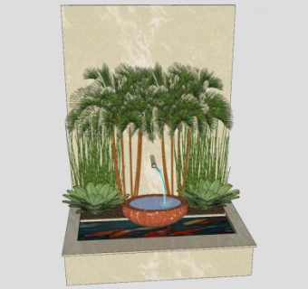 流水喷泉鱼塘观赏植物墙SU模型下载_sketchup草图大师SKP模型