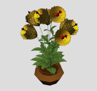 黄色开花观赏花瓶花卉SU模型下载_sketchup草图大师SKP模型