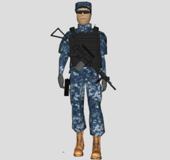 身着蓝色迷彩服防弹衣的武警SU模型下载_sketchup草图大师SKP模型