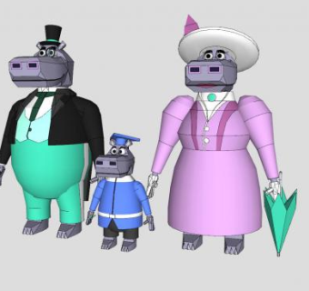 身穿西式服饰河马一家SU模型下载_sketchup草图大师SKP模型