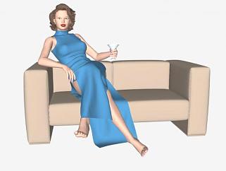 3D沙发坐姿贵妇美女SU模型下载_sketchup草图大师SKP模型