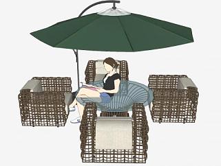 遮阳伞+户外藤椅沙发和玻璃圆桌SU模型下载_sketchup草图大师SKP模型