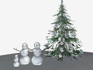 雪地上的雪人和松树SU模型下载_sketchup草图大师SKP...