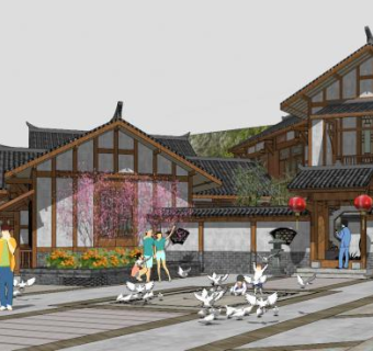 中式民宿建筑SU模型下载_sketchup草图大师SKP模型