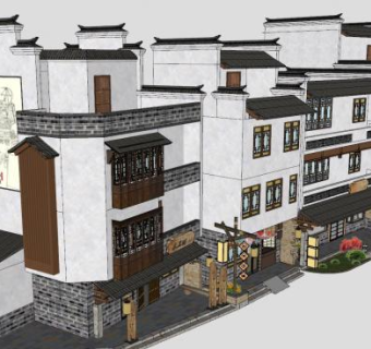中式徽派建筑老街SU模型下载_sketchup草图大师SKP模型