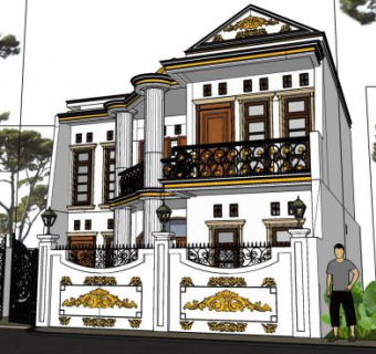 铁艺门别墅住宅两层SU模型下载_sketchup草图大师SKP模型