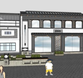 中式博物馆建筑商业街SU模型下载_sketchup草图大师SKP模型